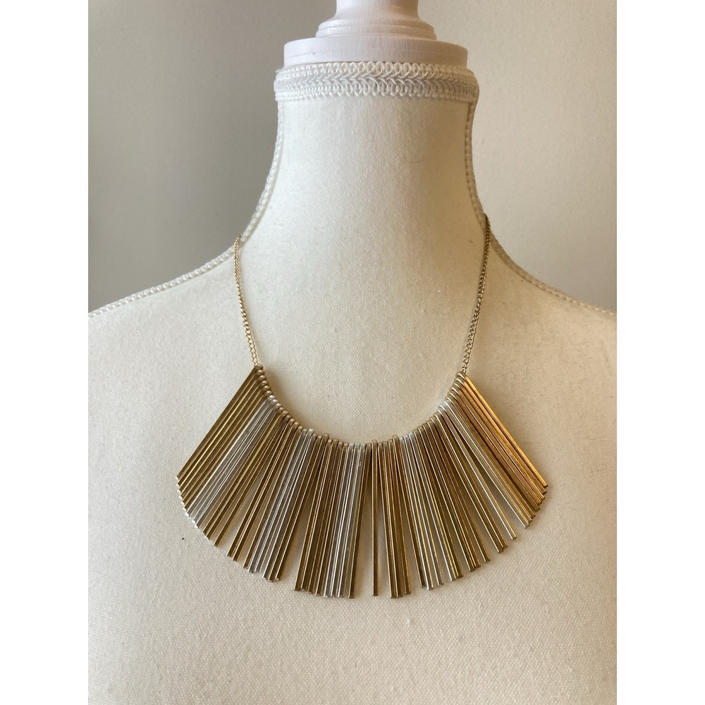 Modernist Geometric Bar Necklace Fan Fringe Bib Statement Silver & Gold Tones